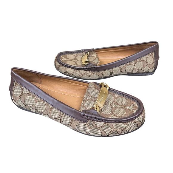 Authentic Brown Tan Coach Logo Women Size 7.5 Loafers Closed Toe Work Flats - Picture 1 of 11